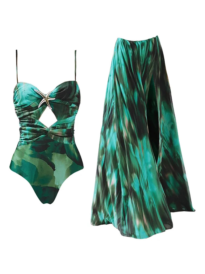 Green Printed Folds One Piece Swimsuit and Skirt