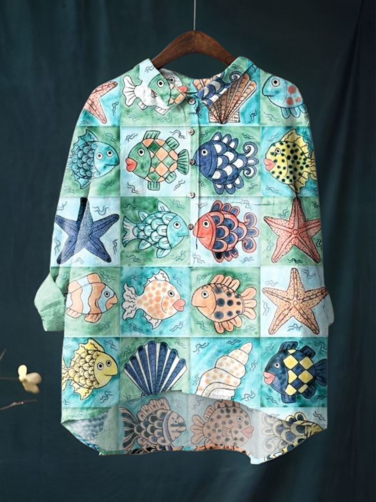 Women's Colorful Fish Print Casual Cotton And Linen Shirt
