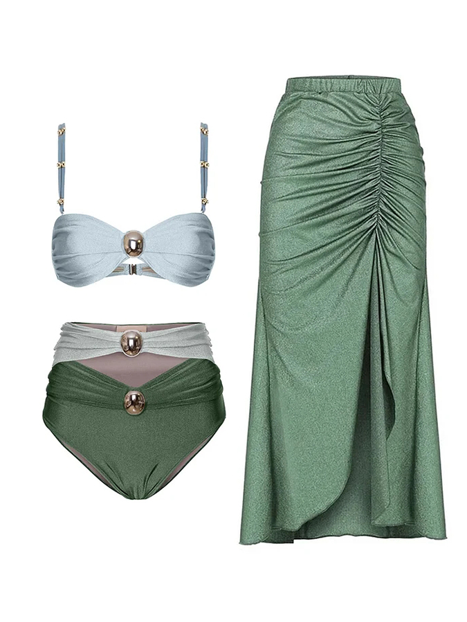 Sling Color Block Cutout High Waist Bikini Swimsuit And Skirt