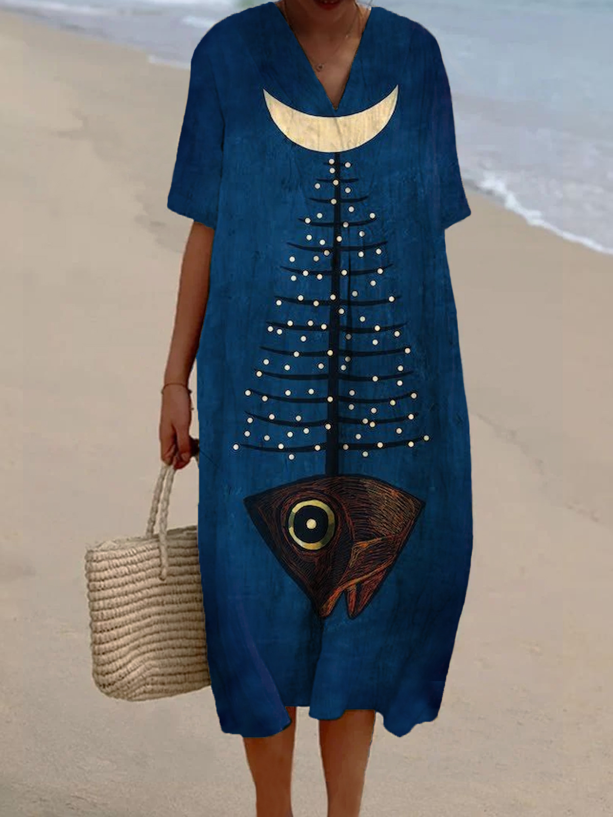 Women's Light Fish Print Flowy Cotton And Linen Dress