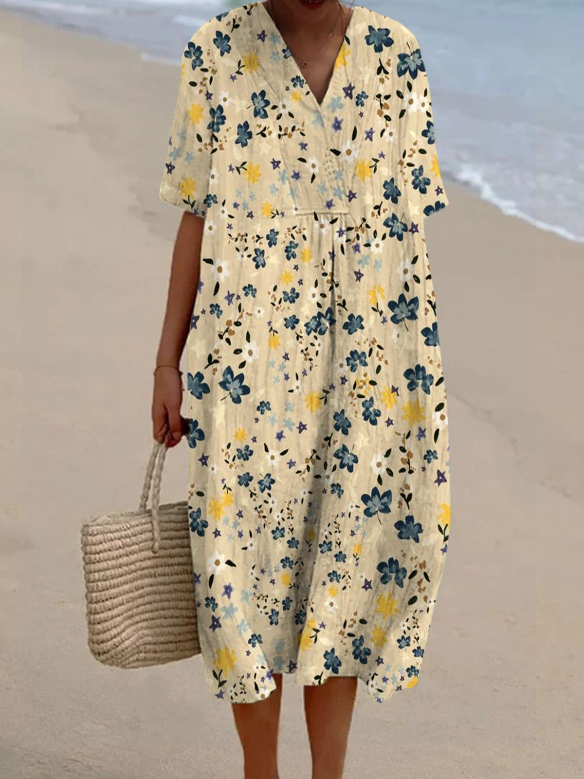 Women's Vintage Flower Print Casual Cotton And Linen Dress