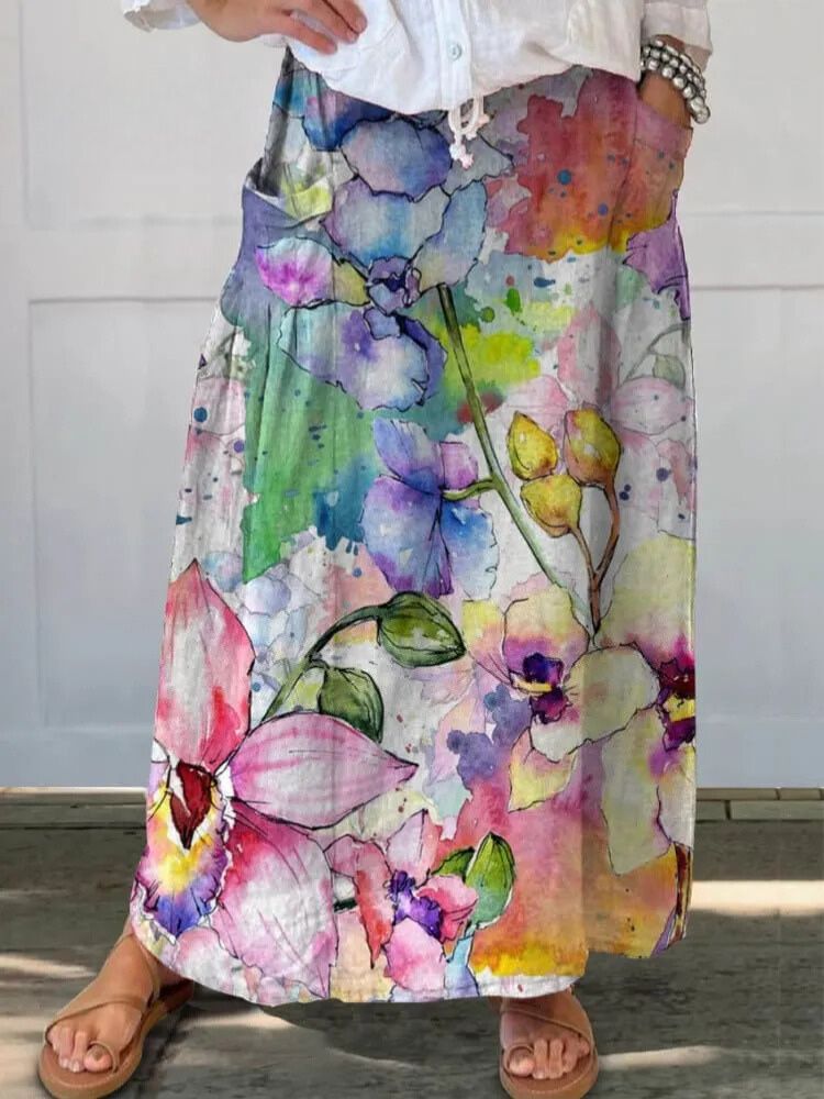 Women's Vintage Floral Watercolor Art Printed Linen Pocket Skirt
