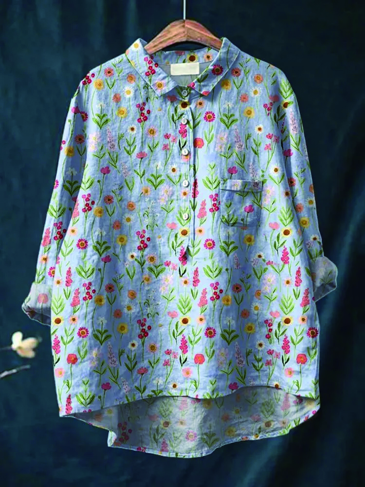 Women's Floral Art Print Casual Cotton And Linen Shirt