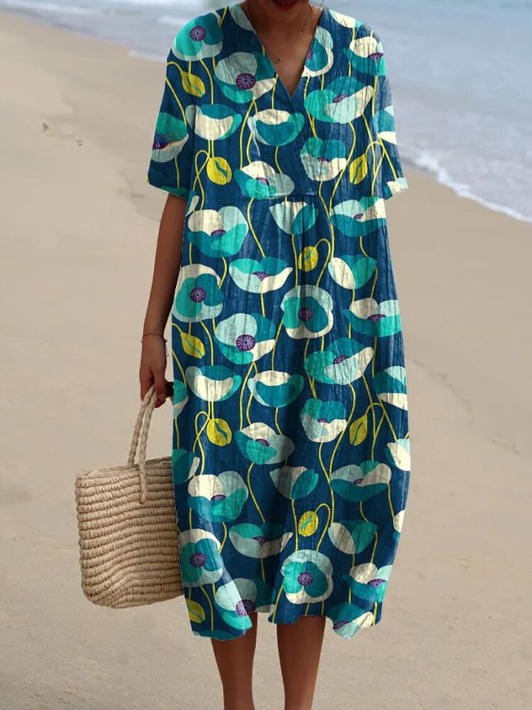 Blue Poppy Floral Pattern Printed Women's Flowy Dress