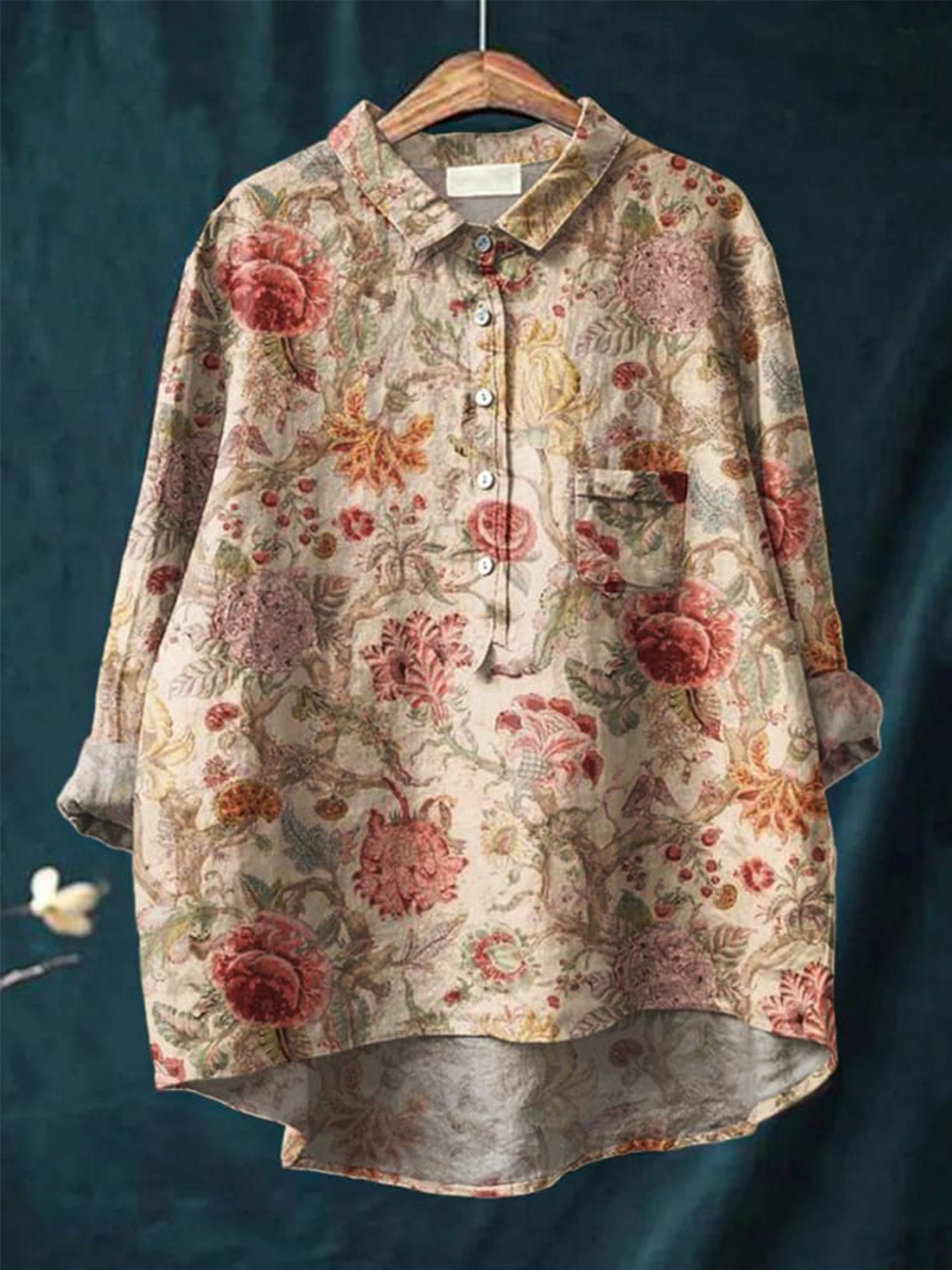 Women's Floral Art Print Casual Cotton And Linen Shirt