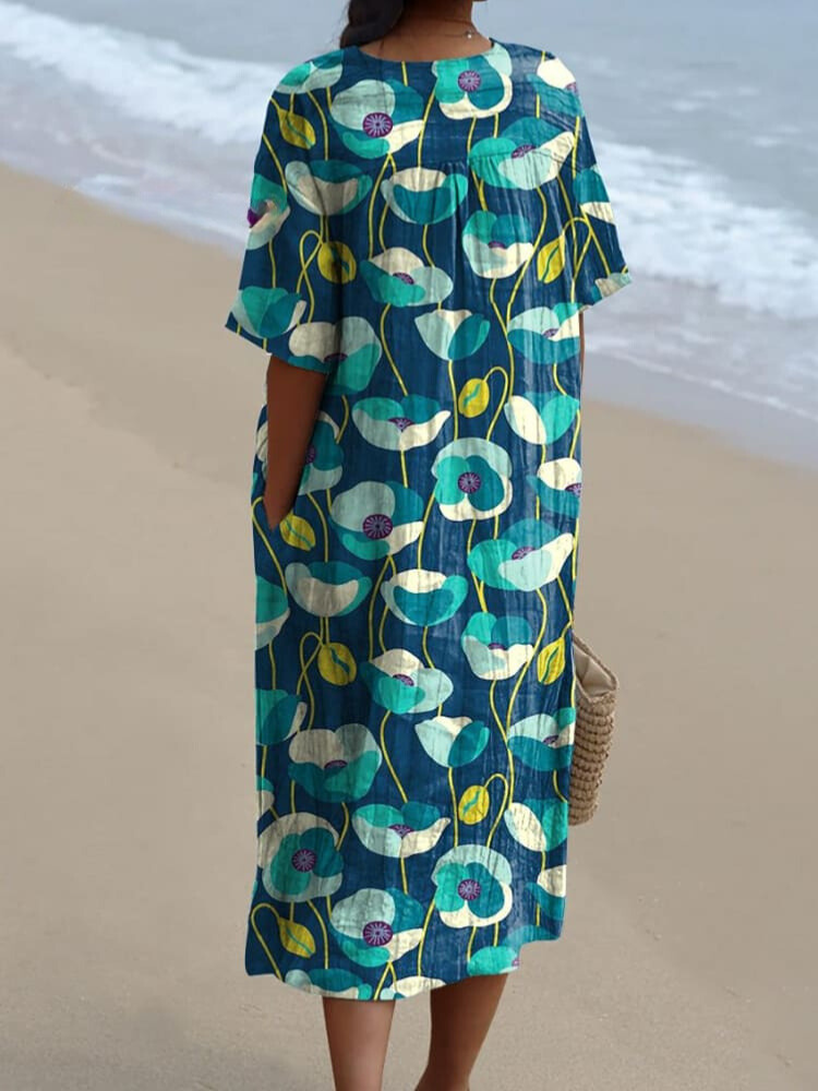 Blue Poppy Floral Pattern Printed Women's Flowy Dress