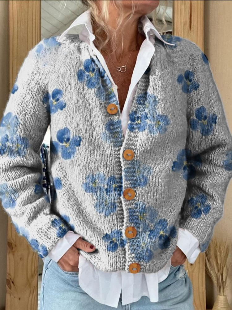 Blue Small Flower Decorative Pattern Buttoned Cardigan Sweater