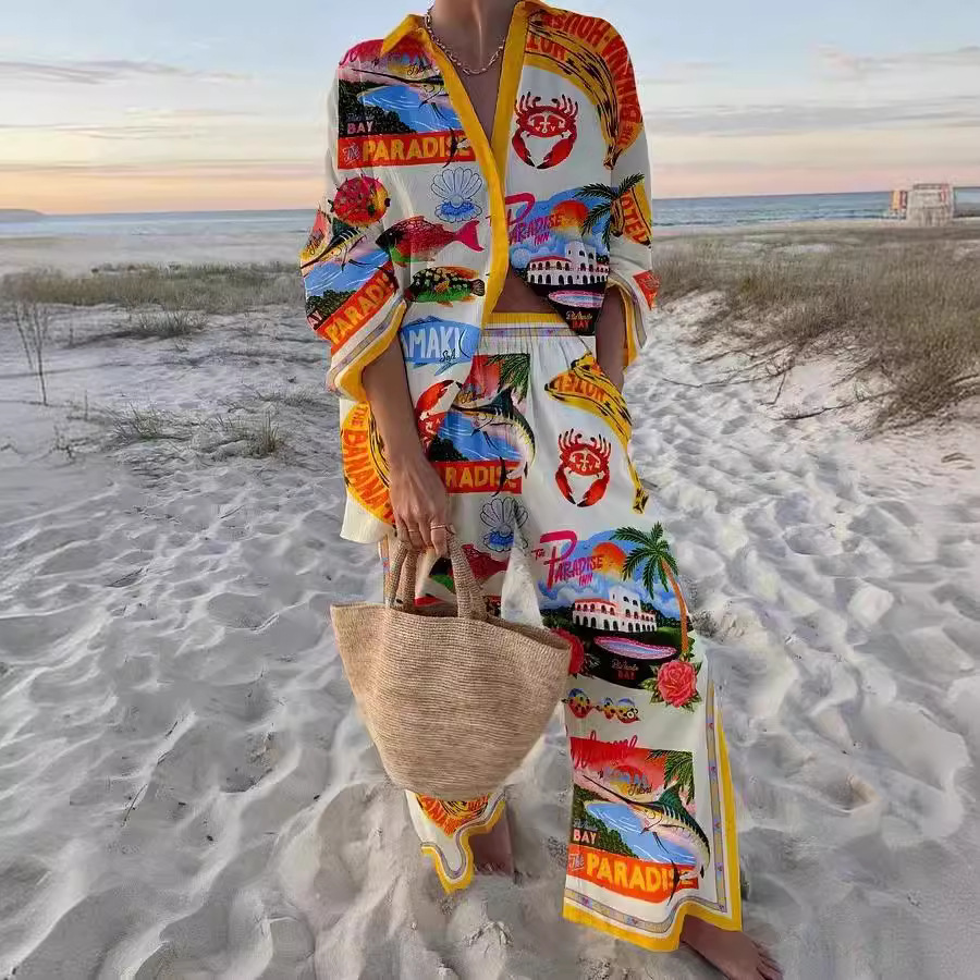 Crab And Fish Print Two Piece Set