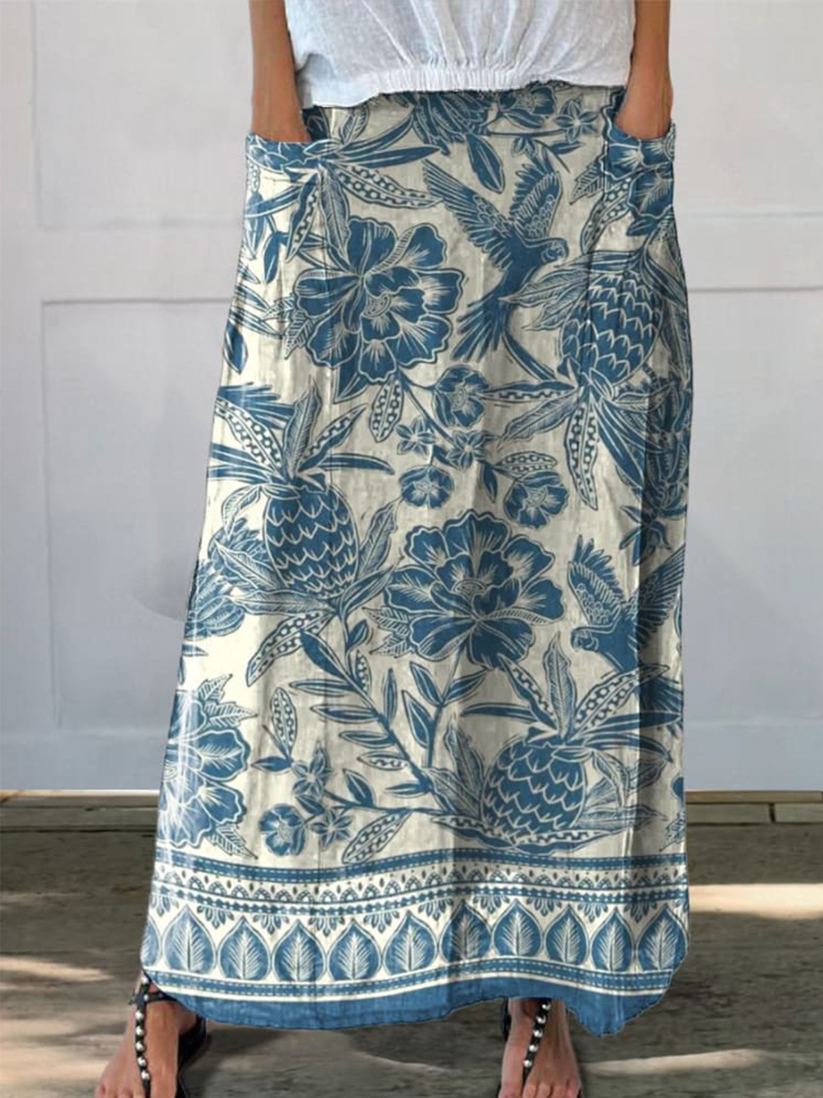 Batik Style Ethnic Floral Pattern Printed Women's Linen Pocket Skirt