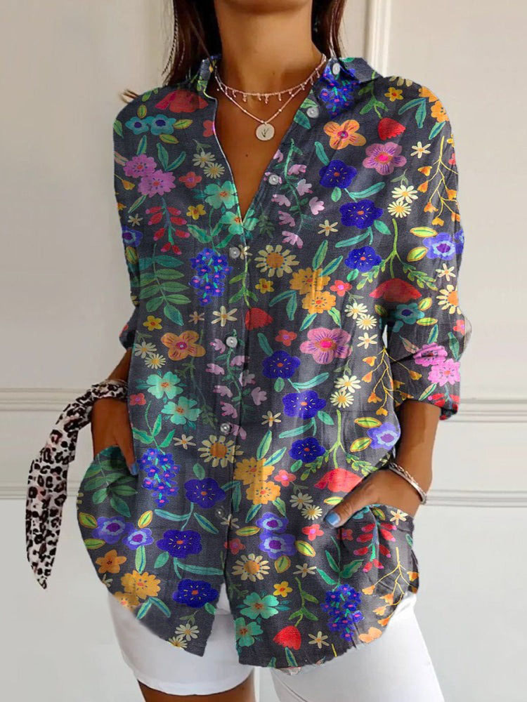 Women's Retro Casual Floral Print Casual Cotton Shirt