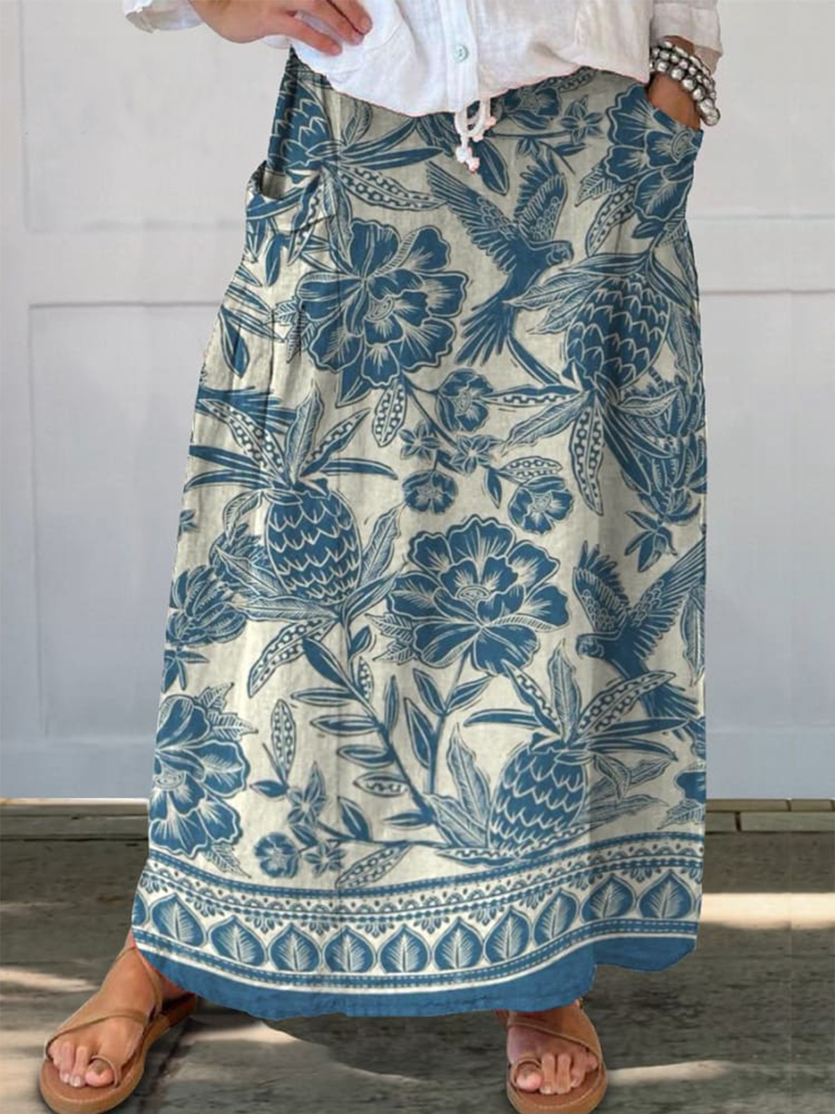 Batik Style Ethnic Floral Pattern Printed Women's Linen Pocket Skirt