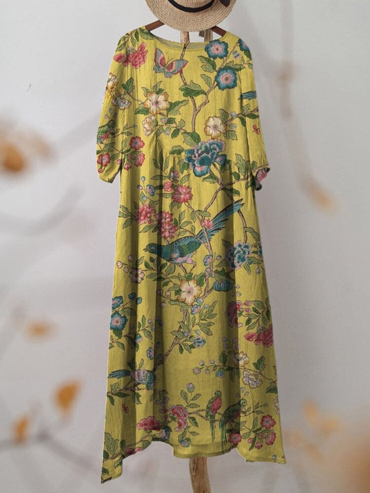 Women's Vintage Lovely Floral Birds Art Print Pocket Cotton Dress