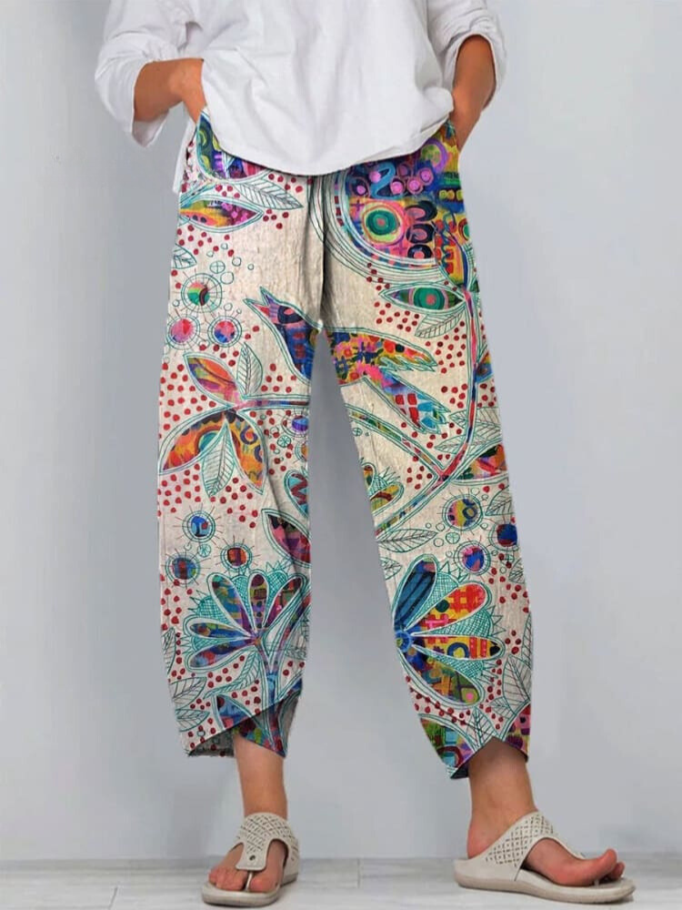 Women's Vintage Lovely Floral Bird Art Printed Cotton And Linen Casual Pants