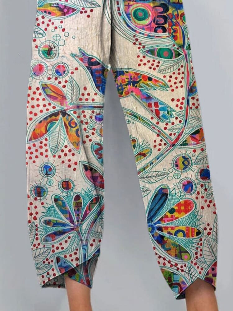 Women's Vintage Lovely Floral Bird Art Printed Cotton And Linen Casual Pants