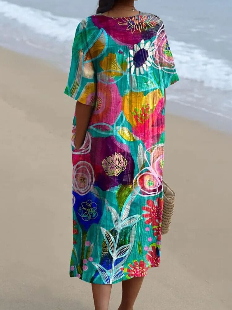 Women's Vintage Lovely Floral Art Print Flowy Dress