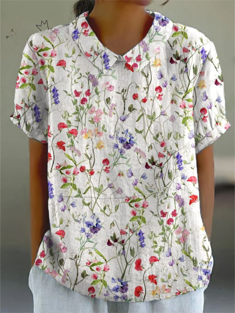Women's   Flower Art Print Casual Cotton And Linen Shirt