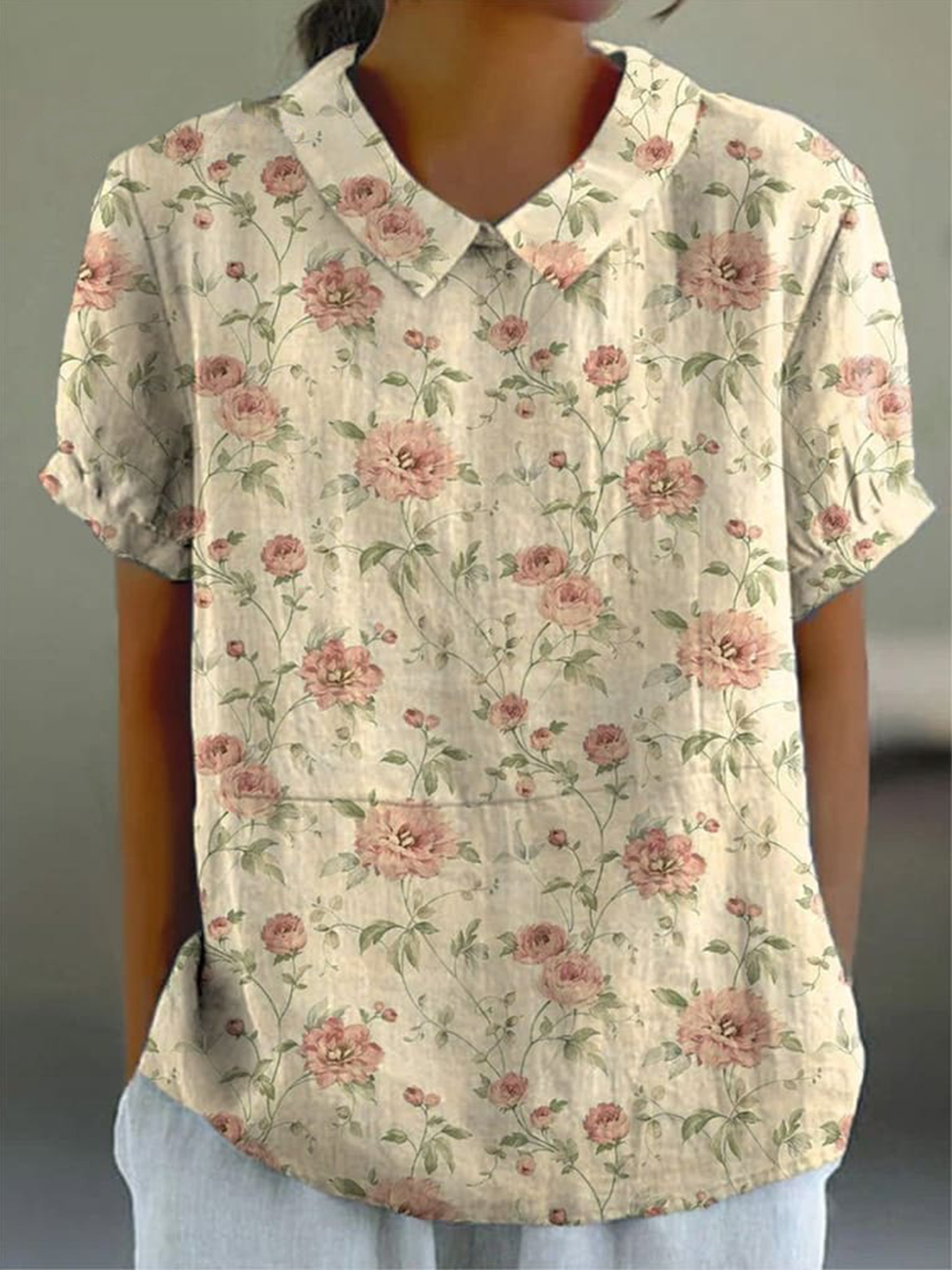 Vintage Camellia Floral Pattern Printed Women's Casual Cotton And Linen Shirt