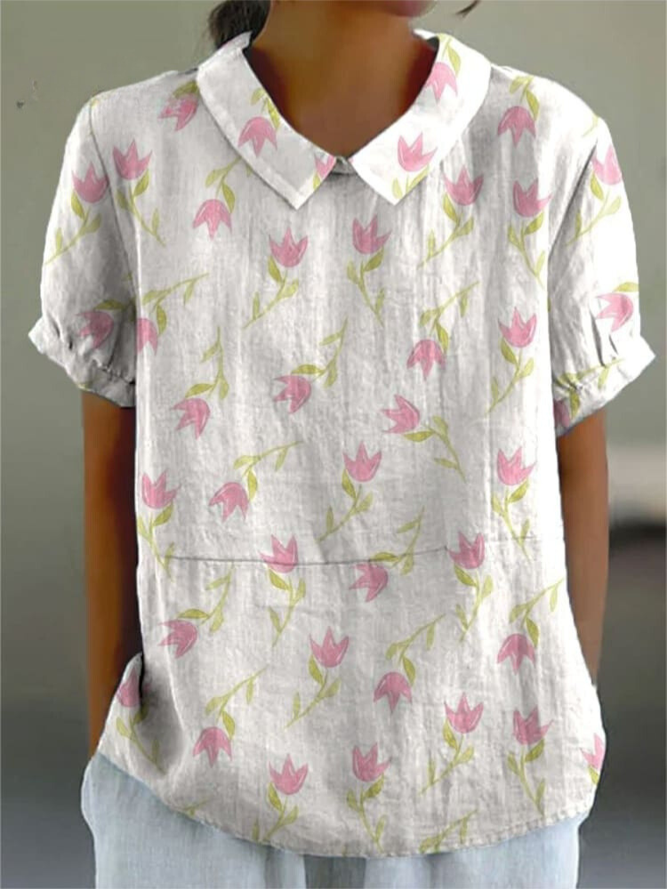 Women's Flower Print Casual Cotton And Linen Shirt