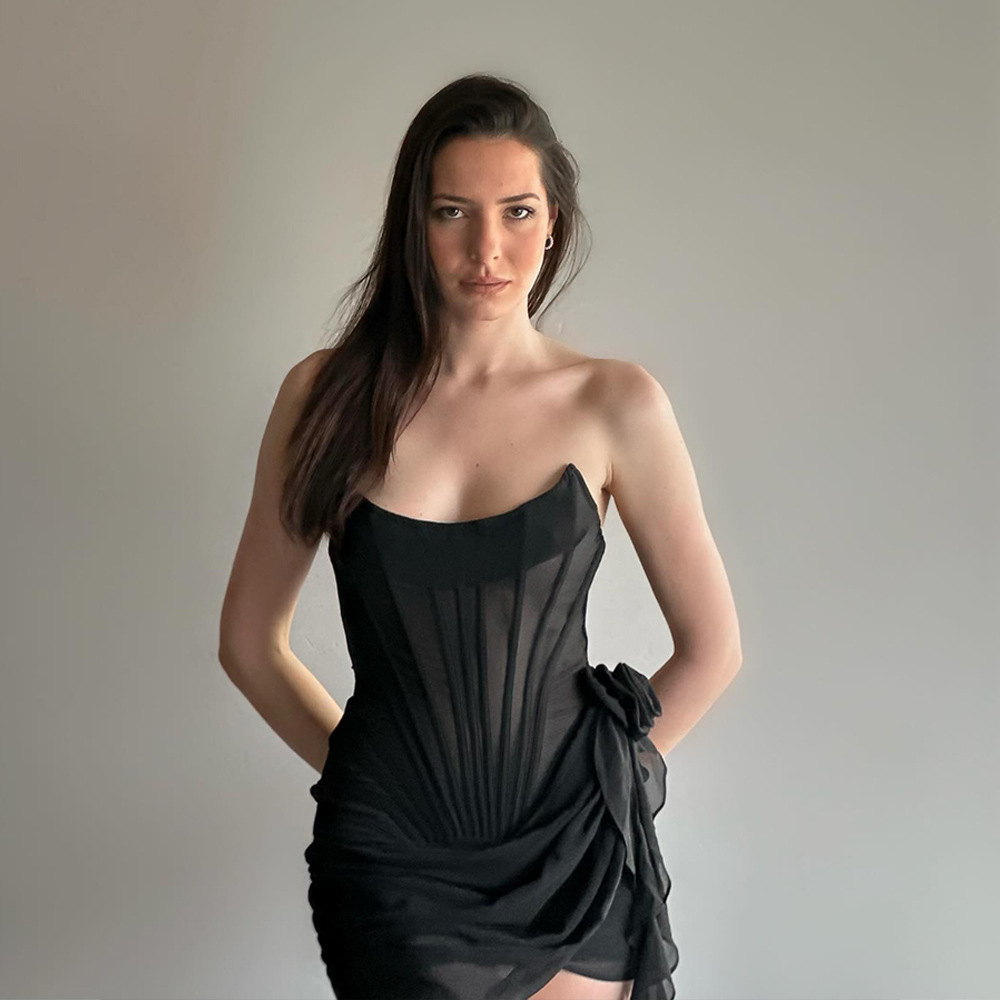 Solid Color Sexy Fishbone Tube Top Three-Dimensional Flower Dress