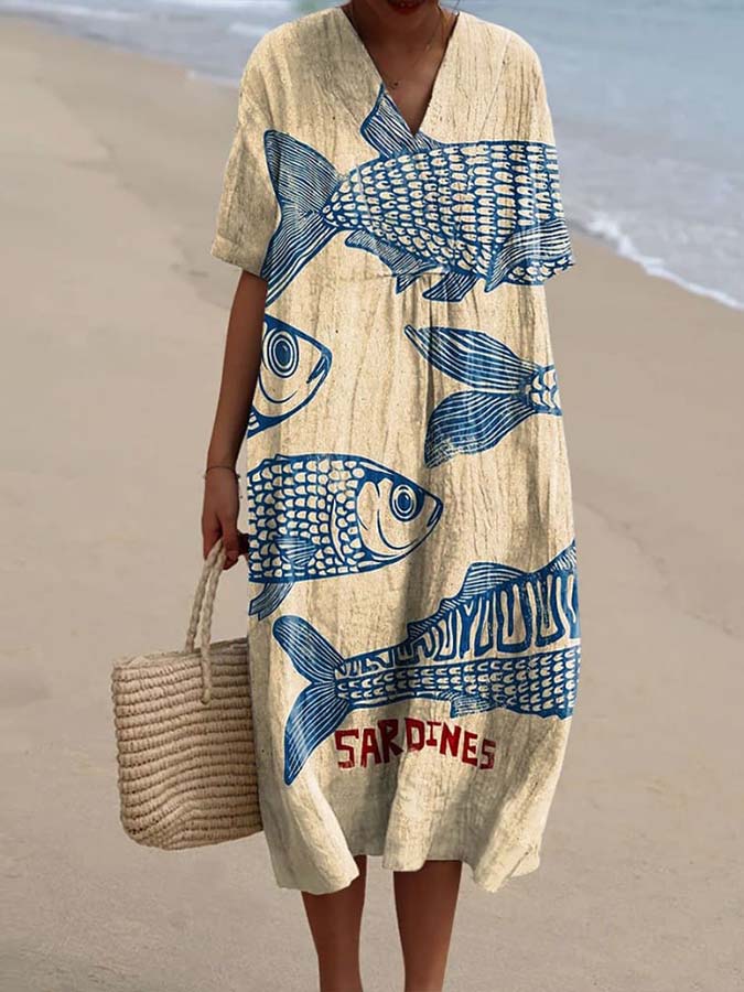 Women's Vintage Fish Sardines Art Print Flowy Dress