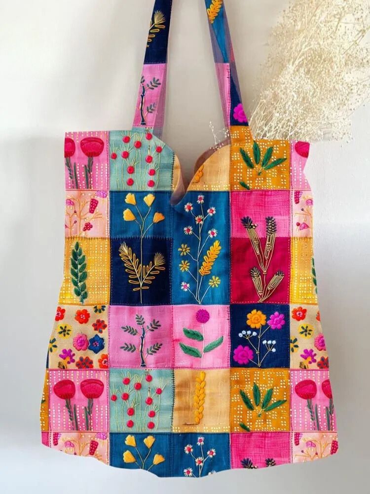 Flower Splicing Print Pattern Linen Tote Bag