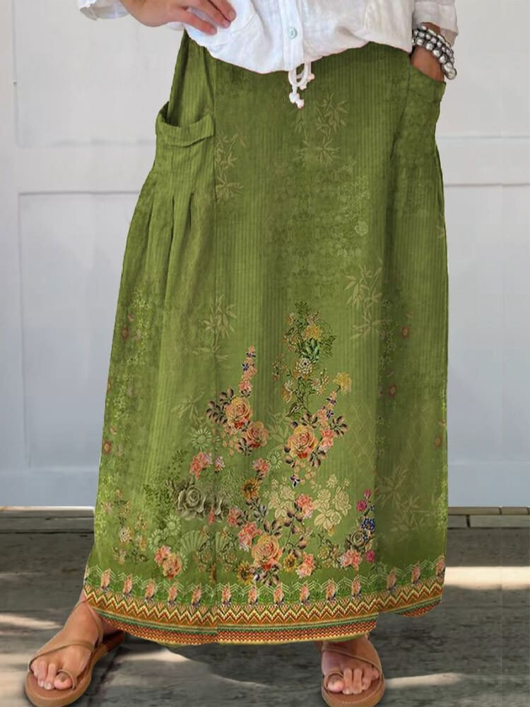 Women's Vintage Flower Print Linen Pocket Skirt