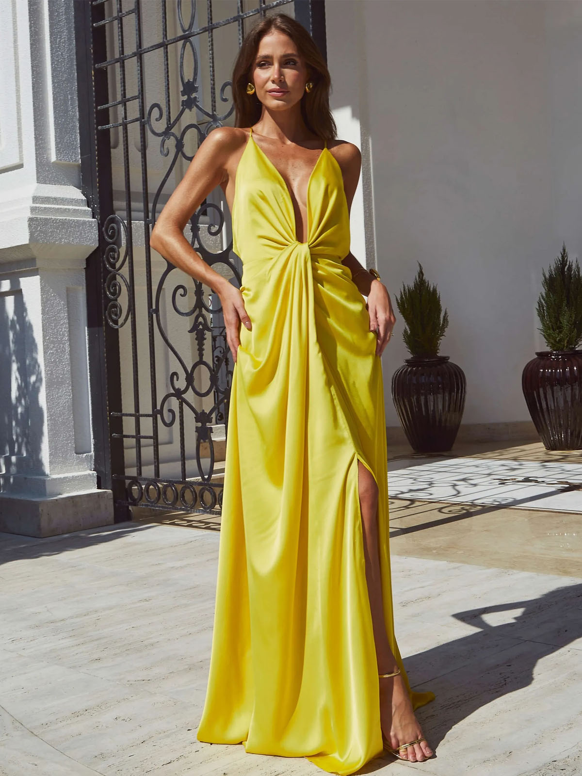 Long Satin Party Dress With Neckline