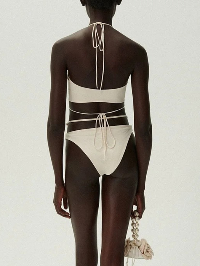 Halterneck Pearl Bandeau High Waist Bikini Swimsuit and Sarong