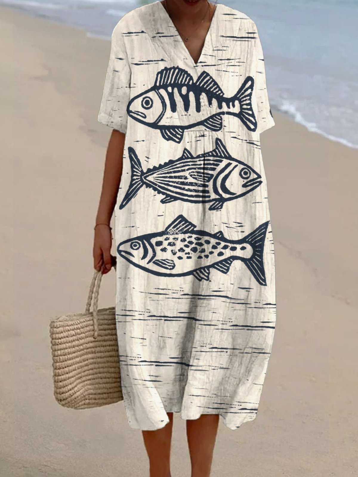 Women's Line Art Fish Print Casual Cotton And Linen Dress