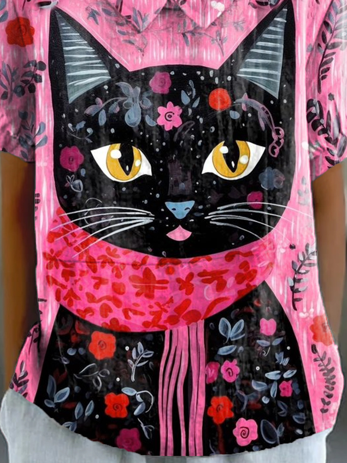 Women's Floral Cat Print Casual Cotton And Linen Short Sleeve Shirt