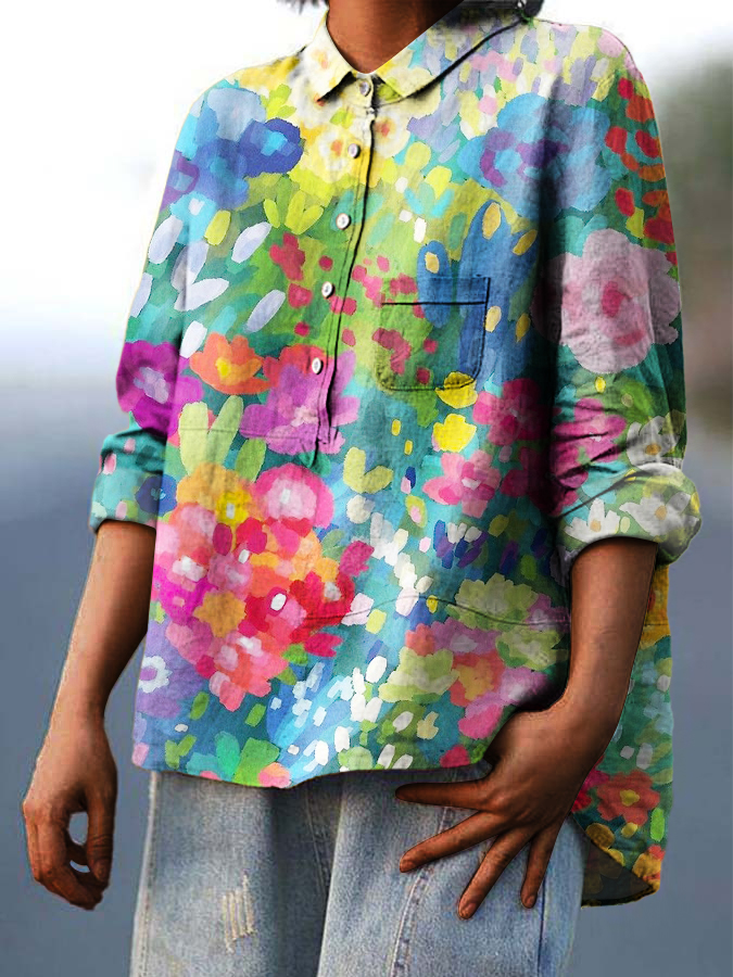 Women's Floral Colorblock Print Casual Cotton And Linen Shirt