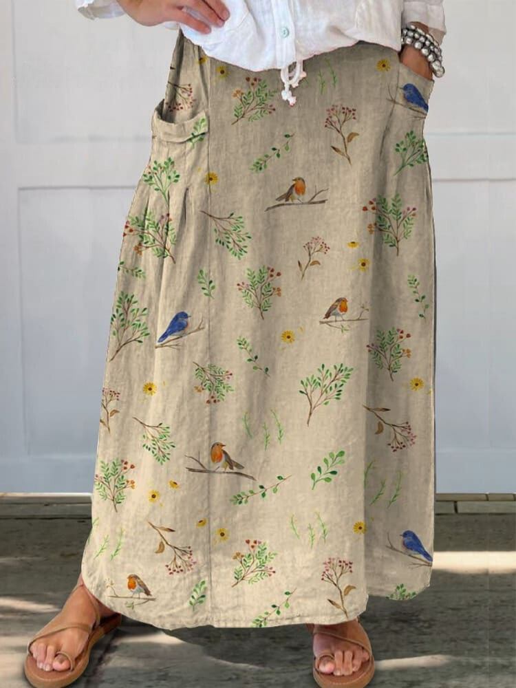 Women's Retro Floral Birds Art Casual Linen Pocket Skirt