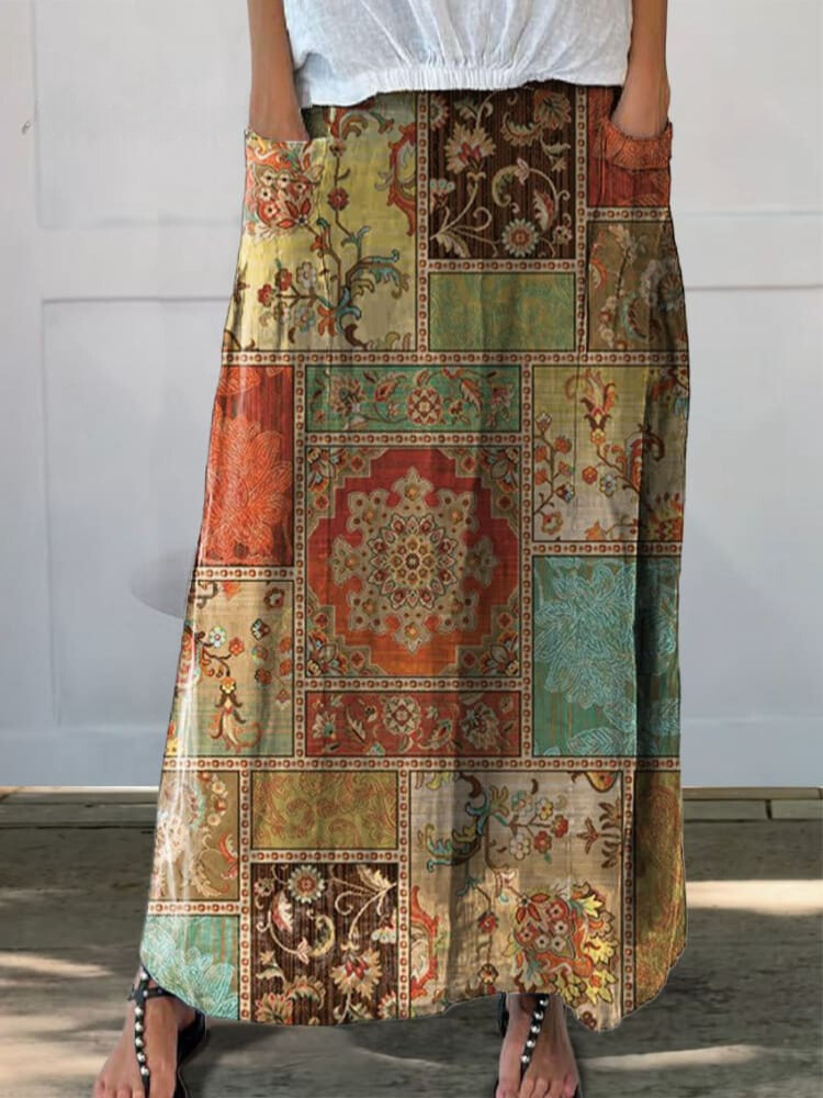 Women's Retro Floral Ethnic Art Print Casual Linen Pocket Skirt