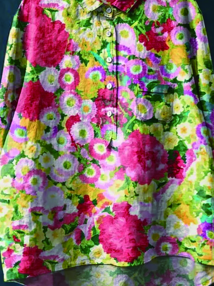 Women's Flower Print Casual Cotton And Linen Shirt