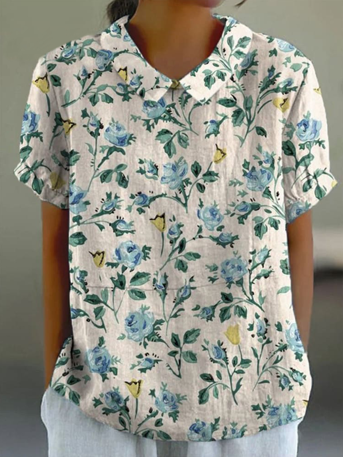Women's Blue Flower Print Casual Cotton And Linen Shirt