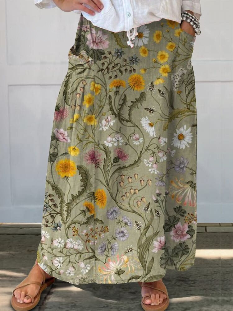 Women's Retro Flower Art  Print   Linen Pocket Skirt