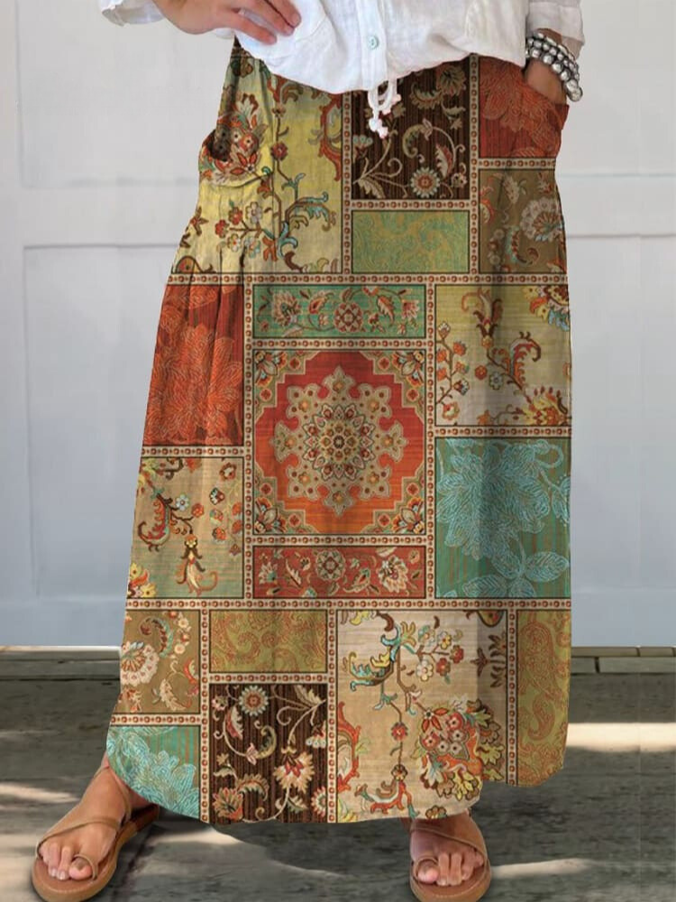 Women's Retro Floral Ethnic Art Print Casual Linen Pocket Skirt