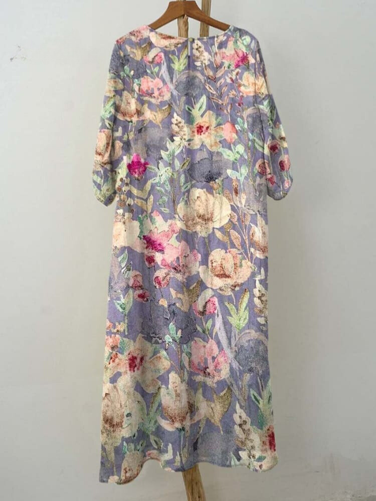 Women's Retro Purple Floral Print Pocket Cotton Dress