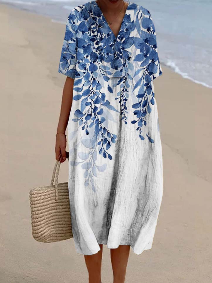 Women's Floral Gradient Print Casual Cotton And Linen Dress