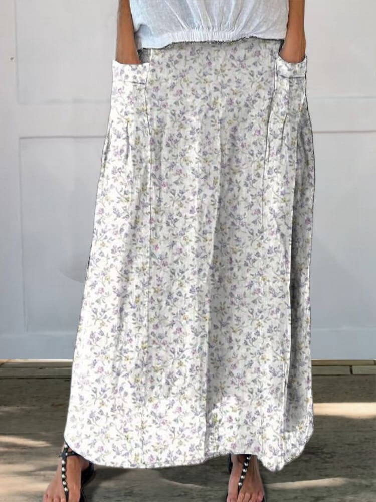 Women's Vintage Floral Art Linen Elastic waistband Pocket Skirt