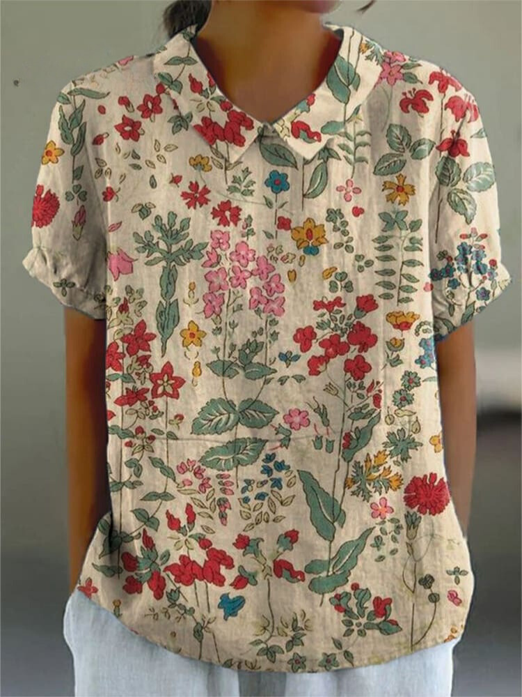 Women's Vintage Floral Art Print Casual Cotton And Linen Shirt