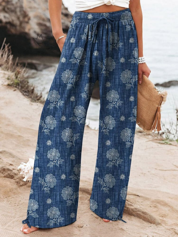 Women's Vintage Ethnic Floral Art Printed Cotton And Linen Casual Pants