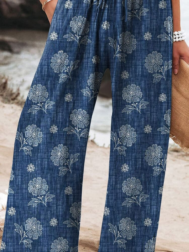 Women's Vintage Ethnic Floral Art Printed Cotton And Linen Casual Pants