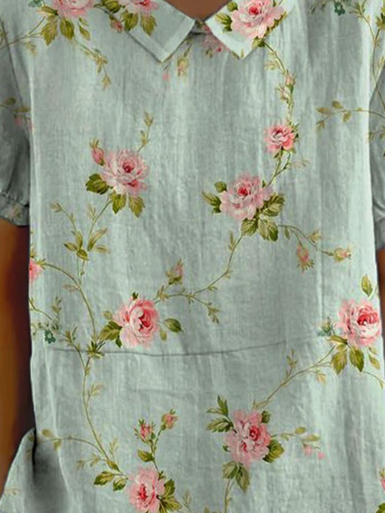 Women's Vintage Floral Art Print Casual Cotton And Linen Shirt