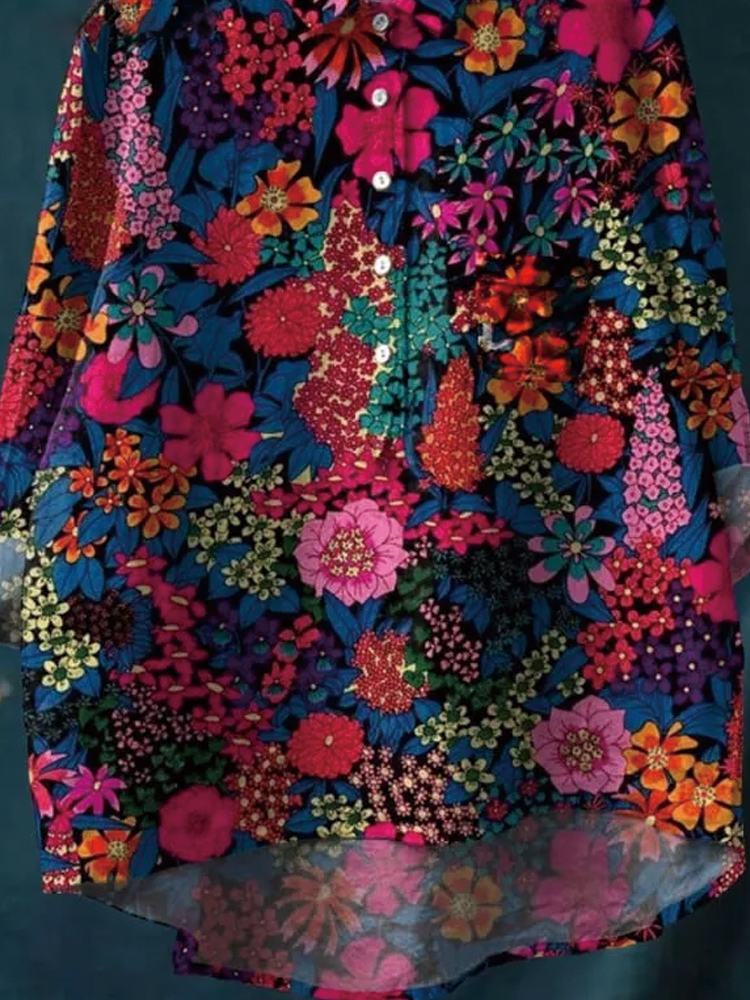 Women's Vinatge Flower Print Casual Cotton And Linen Shirt