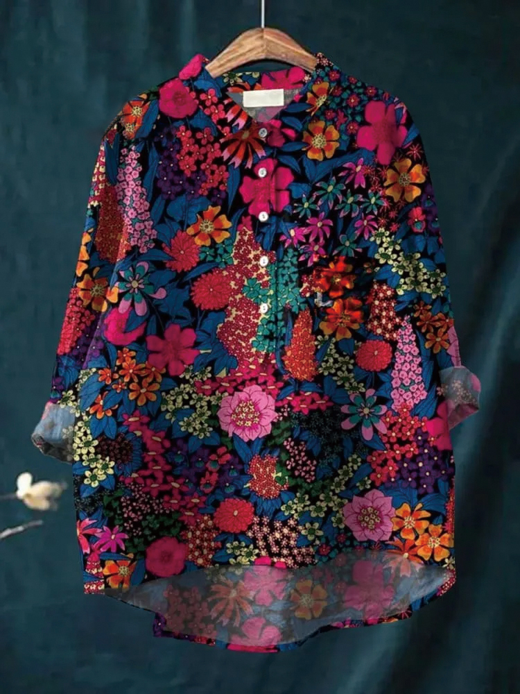 Women's Vinatge Flower Print Casual Cotton And Linen Shirt