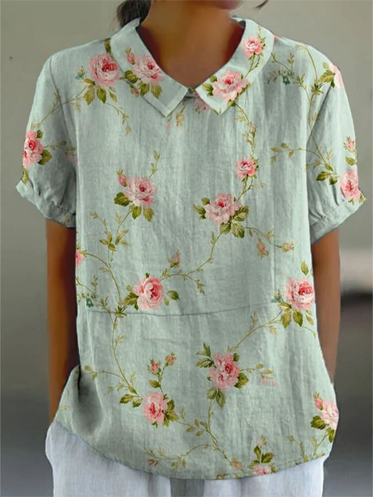 Women's Vintage Floral Art Print Casual Cotton And Linen Shirt