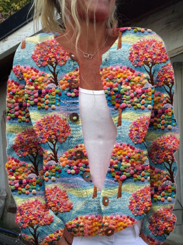 Floral Embroidery Art Print Buttoned Cardigan Sweater