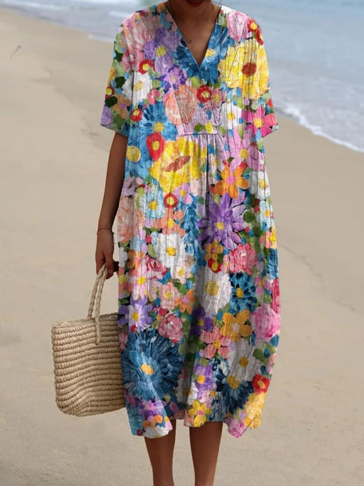 Women's Vintage Floral Art Print Casual Flowy Dress