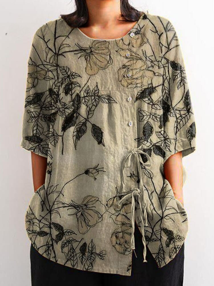Women's Vintage Floral Art Print Casual Cotton And Linen Shirt